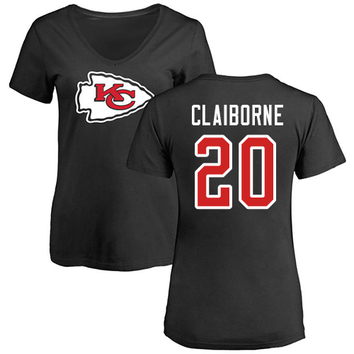 Women Football Kansas City Chiefs #20 Claiborne Morris Black Name and Number Logo Slim Fit T-Shirt